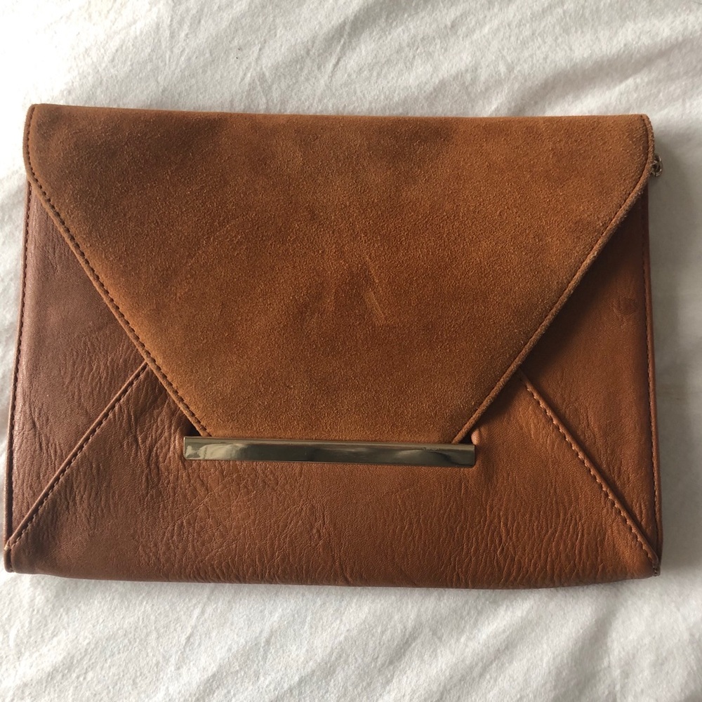 Camel faux leather and suede envelope clutch
